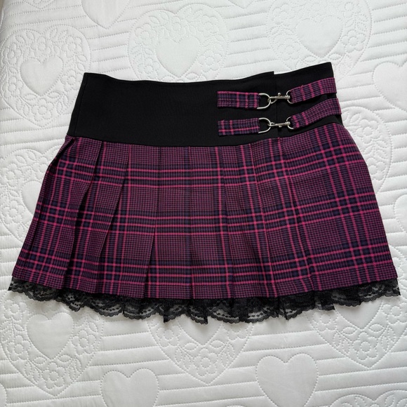 Vintage Morbid Threads Black Pink Purple Plaid Pleated Lace Mini Skirt Medium - Picture 2 of 9
